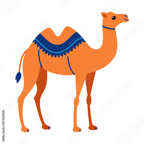 Orange camel with blue saddle on white background animal