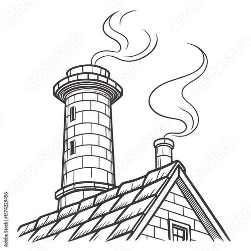 Stone tower and chimney with smoke building architecture