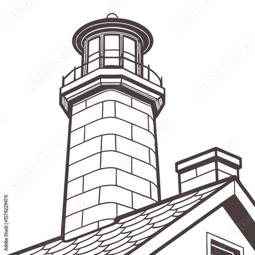 Lighthouse tower with adjacent building roof and chimney vector