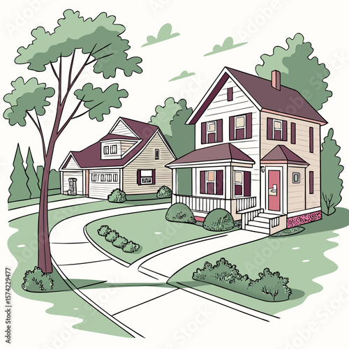 Suburban houses green trees white background residential area
