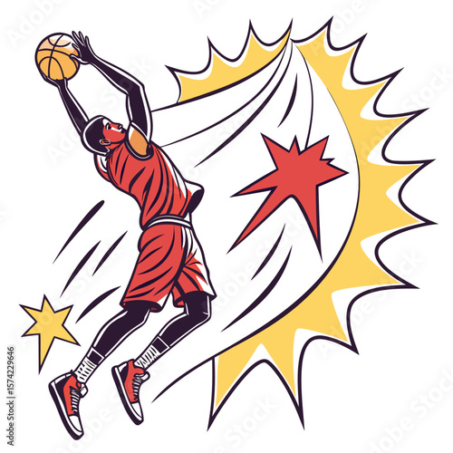 Dynamic basketball player dunking with comic style action lines vector