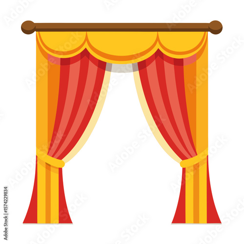 Red and yellow striped stage curtains with ornate valance theater performance