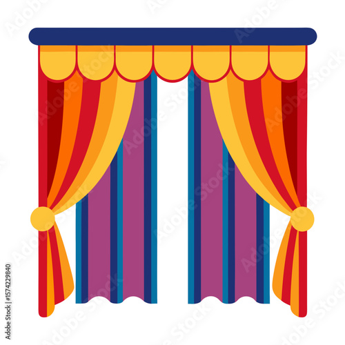 Colorful striped theater curtains with golden scalloped valance stage performance
