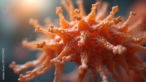Detailed conceptual image representing a novel virus or coronavirus, featuring microscopic structure and potential health impact