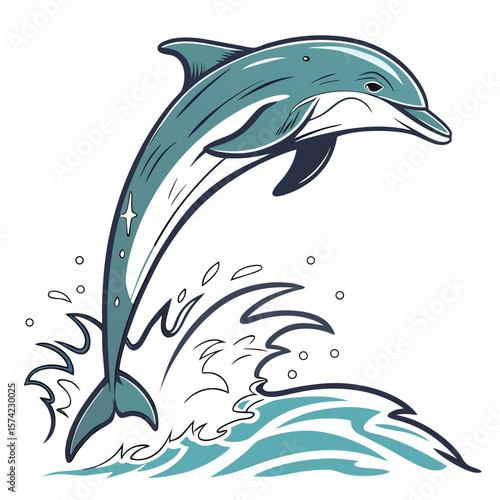 Blue dolphin leaping from turquoise waves with splashes and bubbles jumping ocean