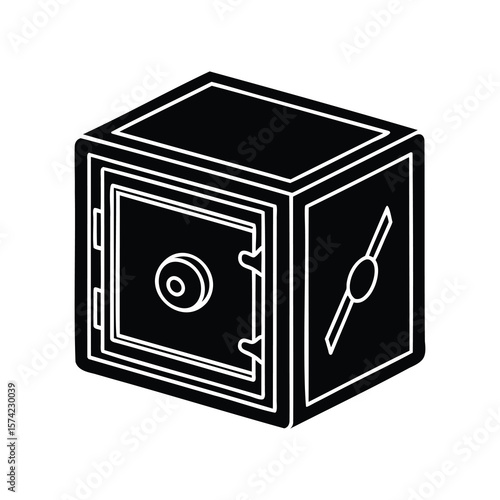 Isometric black and white image of a safe with a dial lock