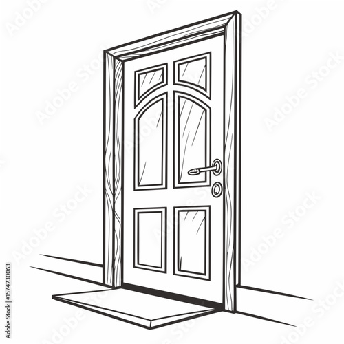 Open wooden door with glass panels and doormat vector