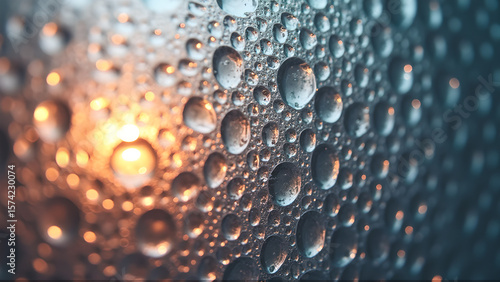 Captivating close up shot of water droplets clinging to a surface reflecting a warm light