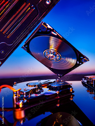 Grid of hard disk drive images showcasing mechanical beauty and digital symbolism.