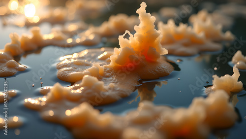 Dreamy microscopic landscape of abstract forms in water with golden light casting soft glow creating surreal environment