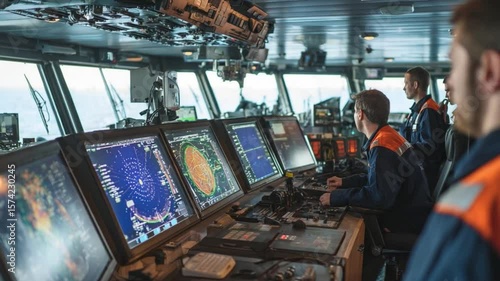Navigational Prowess: Maritime professionals, working on a vessel's bridge, intently monitor navigation systems, epitomizing precision and maritime expertise.