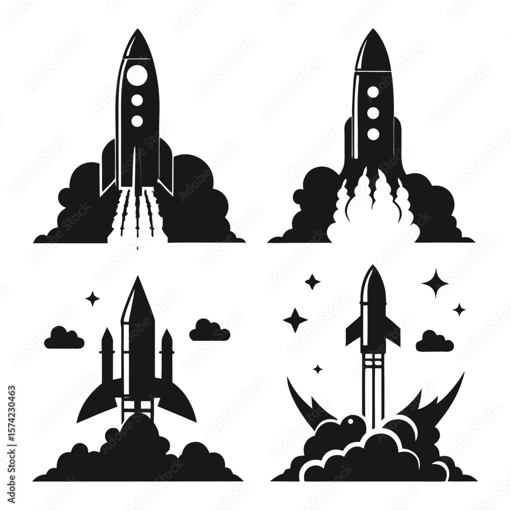 Fototapeta premium Rocket launch silhouettes with smoke and stars space