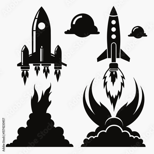Rocket launch silhouettes with fiery exhaust and clouds