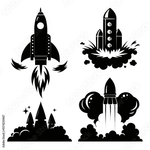 Rocket launch silhouettes with fiery exhaust and smoke