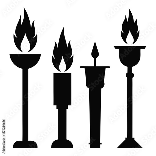 Black silhouettes of torches and candles with flames