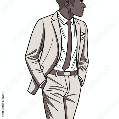 Businessman in black suit, white shirt, and tie, standing, a smart, formal vector illustration