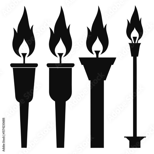 Four black torch silhouettes with flames fire light
