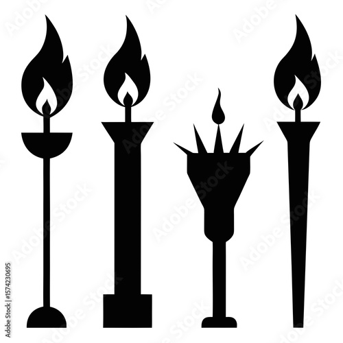 Four black torch and candle silhouettes with flames
