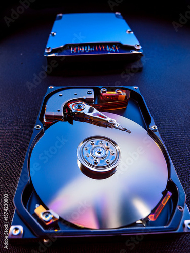 Abstract tech art featuring hard disk internals in sunset and blue lighting.
