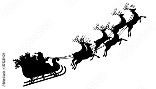 santa claus sleigh silhouette with flying reindeer and christmas gifts