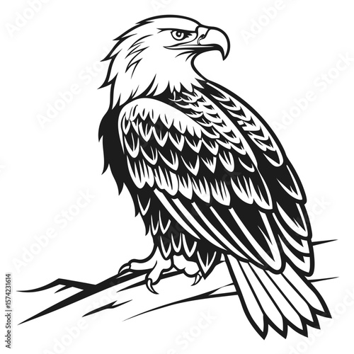 Majestic eagle perched on branch black and white illustration bird wildlife