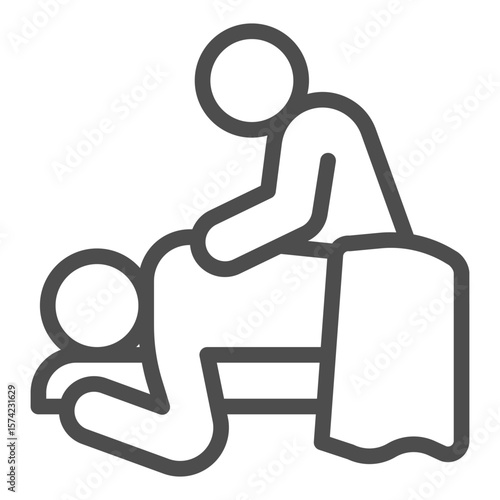 Masseur and man with towel line icon, spa massage concept. Vector graphics. Massaging client back on bed, therapy sign on white background, outline style icon for mobile or web design.
