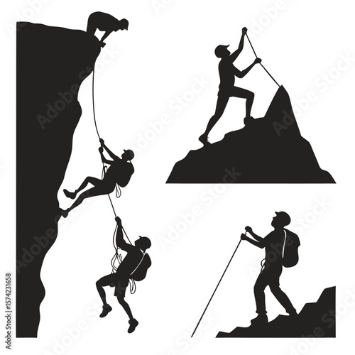 Black silhouettes of climbers ascending rocky peaks
