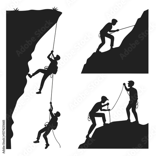 Black silhouettes of climbers ascending rocky cliffs