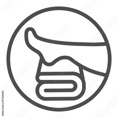 Leg on towel line icon, spa massage concept. Vector graphics. Towel with woman leg, foot therapy bubble sign on white background, outline style icon for mobile or web design.