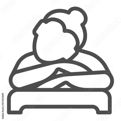 Masseur woman lying on therapy bed line icon, spa salon concept. Vector graphics. Girl waiting for massage therapy sign on white background, outline style icon for mobile or web design.
