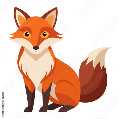 Orange fox sitting with bushy tail on white background animal mammal
