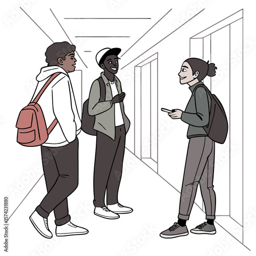 Three friends chatting in a hallway with backpacks people talking