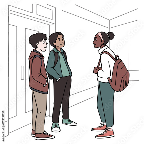 Teenagers chatting in school hallway with backpacks talking