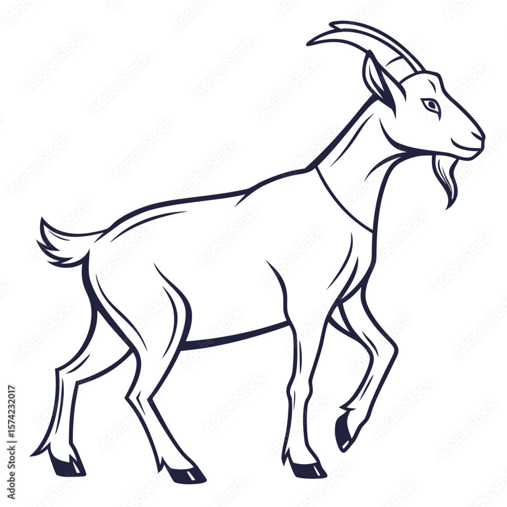 Fototapeta premium Stylized goat walking with dark outline on white animal mammal