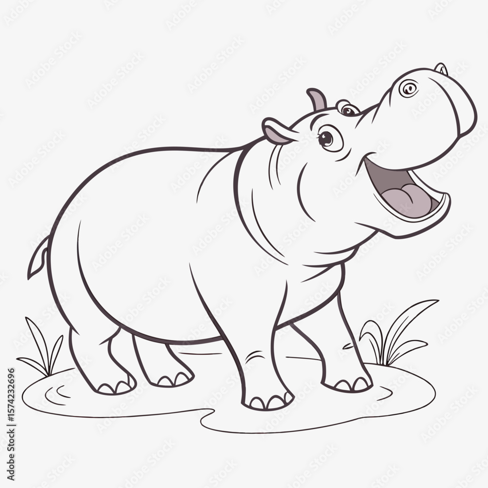Fototapeta premium Cheerful hippopotamus standing in water with mouth open cartoon animal