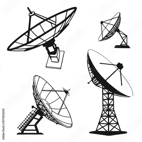 Satellite dish and antenna silhouettes communication