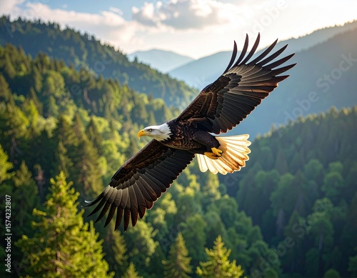 Majestic eagle soaring over lush green forest