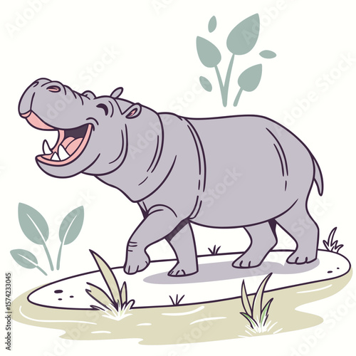 Happy hippopotamus walking in grassy area animal cartoon