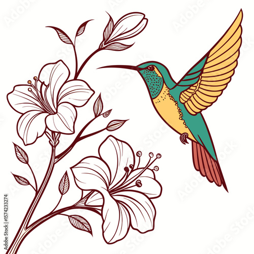 Hummingbird hovering near blooming flowers with yellow wings and teal body nature