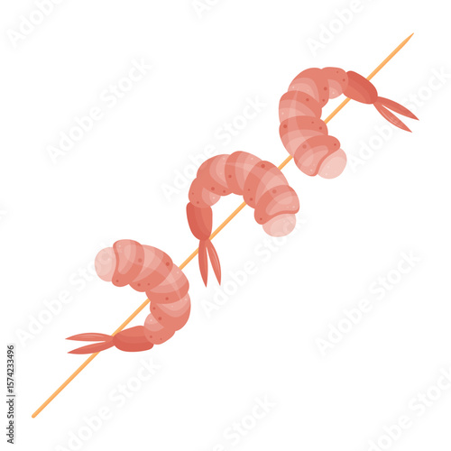 Shrimps on skewer  illustration on transparent background. Shrimp icon. Design element for cooking theme, restaurants, cafe, outdoor cooking, posters, patterns, logos. Flat cartoon style.Vector design