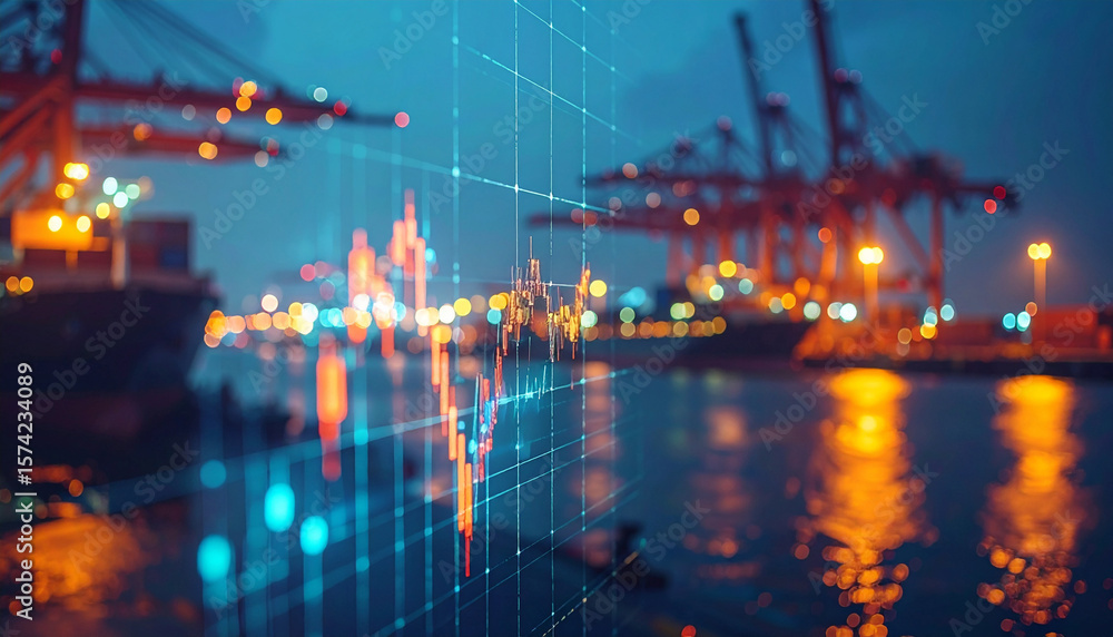 Fototapeta premium Global Trade in Real-Time: Rain-Slicked Port Illuminated by Floating Economic Data