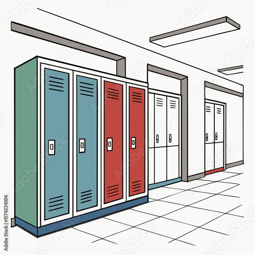 Blue red white lockers school hallway perspective blue lockers red lockers