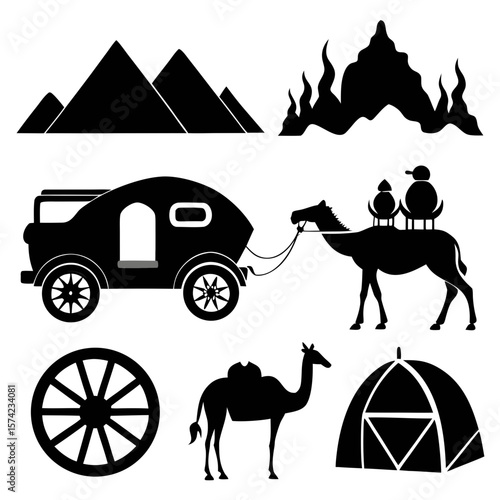 Desert caravan journey with camel and tent travel