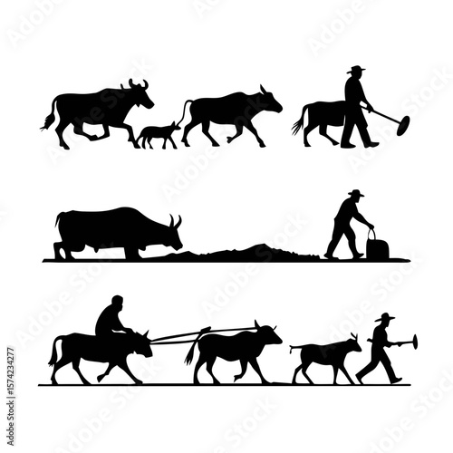 Farmer guiding plow with oxen plowing field