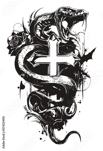 Hand-Drawn Snake, Rose, and Cross Illustration for Ink Art Designs