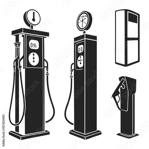 Vintage gas pumps and charging station silhouette fuel