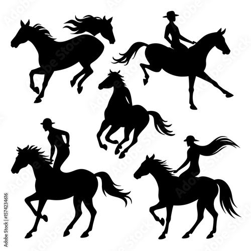 Horses and riders in motion silhouette black