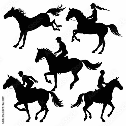 Horse rider silhouettes galloping and jumping vector