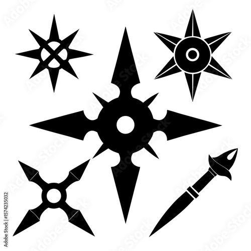 Black ninja stars and throwing weapon silhouettes shuriken