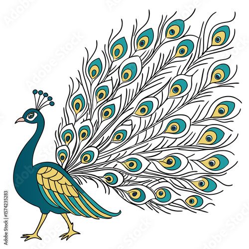 Teal and gold peacock displaying fanned tail feathers bird animal